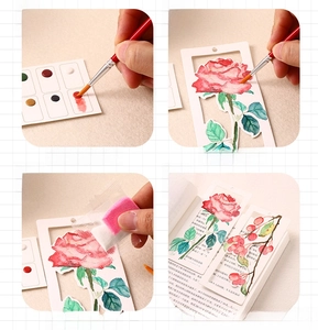 DIY floral watercolor bookmark set with 12 colors, brushes and hollow rose patterns