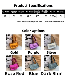 Detailed size specifications for the metallic PU shoulder bag with punk rivet design