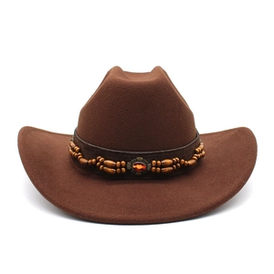 Chapeau de cowboy occidental classique en feutre de laine marron avec bande perlée bohème