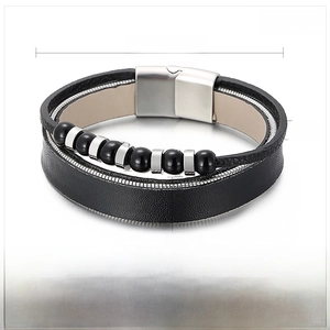 Detailed view of multilayer leather bracelet for men showing size 220mm length and magnetic clasp