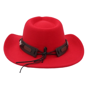 Detail of red felt cowboy hat with brown faux leather band and engraved metal buckle