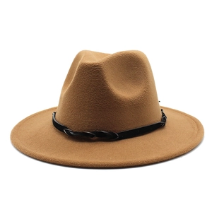Detail of wool felt fedora hat featuring a classic flat wide brim and black braided band