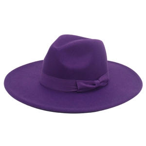 Detailed view of elegant purple wool fedora hat with matching bow and wide brim
