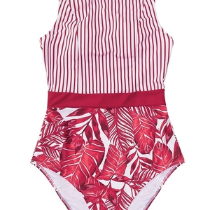 Striped red and white one-piece bikini swimsuit with tropical leaf print and waist belt