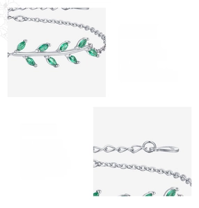 Detail of silver leaf bracelet featuring green marquise zircon stones and S925 chain