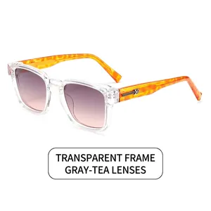 Square transparent sunglasses with leopard print temples and gray tea gradient lenses