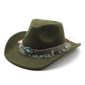 Olive green wool felt cowboy hat with bohemian beaded band and tassel detail