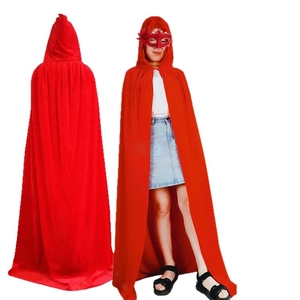 Red hooded velvet cloak for Halloween costume with lace mask, front and back views
