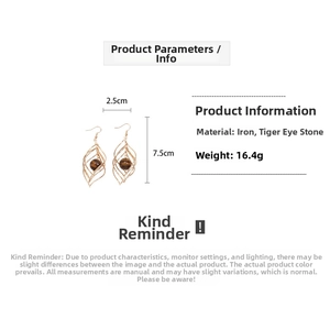 Detailed view of spiral leaf earrings with brown tiger eye stone beads and dimensions