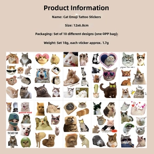 Detailed sheet showing 10 sets of waterproof cartoon cat meme temporary tattoos for kids