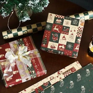 Vintage kraft Christmas wrapping paper set featuring reindeer, snowman and tree patterns