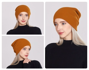 Vista in tre parti di un berretto in maglia giallo zenzero da davanti e di lato