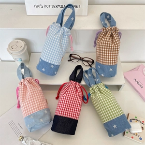 Portable Gingham Water Bottle Bag With Drawstring And Handle Denim Star Patchwork Polyester Storage Pouch For Travel
