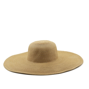 Top view of wide brim straw hat showing detailed woven texture and natural khaki color