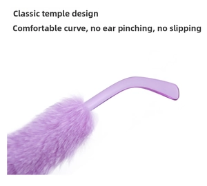 Close-up of purple faux fur decoration on transparent sunglasses temple arms