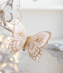 Detailed close-up of mesh butterfly clips with glitter patterns on a Christmas tree
