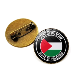 Detail of Palestine flag pin featuring a round glass dome and bronze metal backing