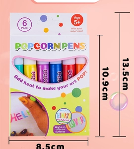 Detailed dimensions of 6-pack 3D popcorn pens packaging for creative DIY art