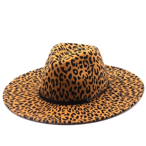 Fashionable leopard print wide brim wool fedora hat with a black metal chain band accessory