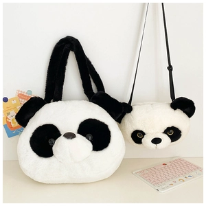 Detail of soft plush panda handbags in black and white with a fuzzy texture and cute design