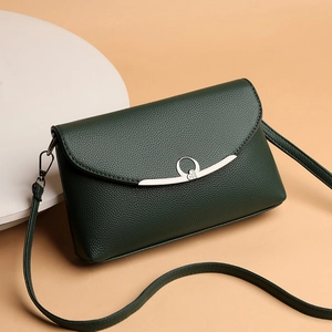 Dark green minimalist PU leather crossbody bag with heart rhinestone buckle and litchi texture