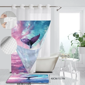 Detail of whale tail shower curtain set and anti-slip bath mat with 60x40cm size info