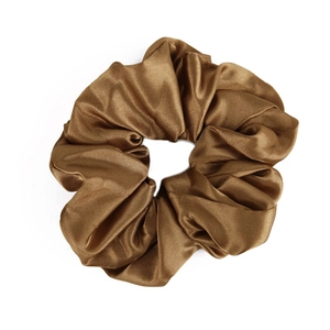 Brown satin oversized scrunchie with elegant pleated texture and silky glossy finish