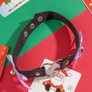 Gothic leather collar with purple bow, heart metal ring, and bell on Christmas card