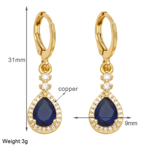 Detailed view of pear-cut blue gemstone earrings with dimensions 31mm and copper material