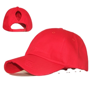 Distressed red cotton ponytail baseball cap with functional cutout and metal buckle