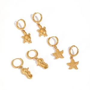 18k gold plated stainless steel hoop earrings set with sea turtle, seahorse and starfish charms