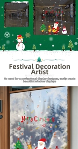 Close-up of Christmas window stickers featuring Santa Claus and snowman for festive decor