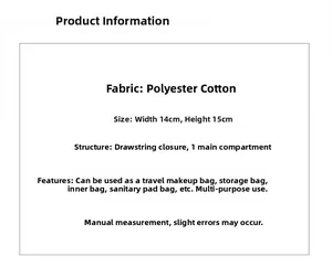 Size chart for drawstring pouch showing dimensions 14x15cm and polycotton material details