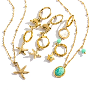 14K gold plated marine jewelry set with starfish, dolphin pendants and natural stones