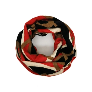 Versatile knitted neck warmer with red, black, and white geometric patterns for autumn