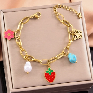 Gold stainless steel bracelet with strawberry, flower, butterfly and pearl charms