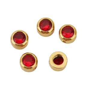 Detail of 6mm gold plated stainless steel beads with red stone and large hole for bracelets
