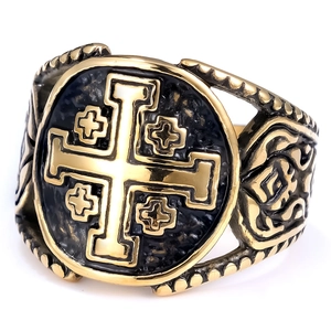 Vintage Jerusalem Kreuz Ring für Herren in poliertem Gold und schwarzem Edelstahl