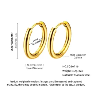 Golden titanium steel hoop earrings with 21mm outer diameter and 2.5mm thickness