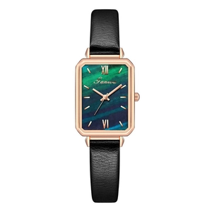 Elegant vintage rectangular women's watch with green marble dial and black leather strap
