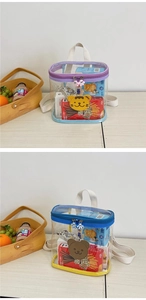 Detail view of transparent PVC backpack with cute bear and tiger cartoon embroidery