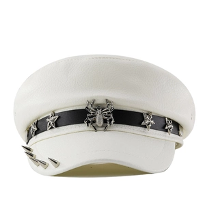 White leather flat top captain hat with silver spider and punk star metal decorations