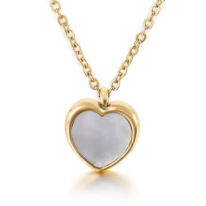 Elegant gold snake chain necklace with a heart pendant featuring white mother of pearl
