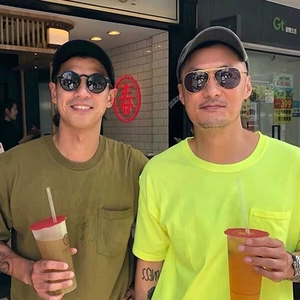 Street style shot of men wearing vintage round sunglasses in olive and yellow