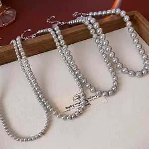 Three sizes of French retro grey pearl necklaces with elegant silver metallic finish