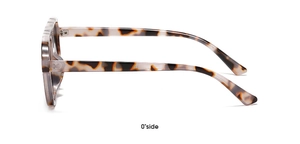 Side view of tortoise shell sunglasses frames showing temple curve and pattern detail