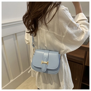 Close-up of light blue leather crossbody bag featuring a golden H-shaped metal clasp