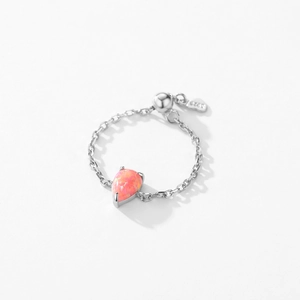 S925 sterling silver chain ring with a pear-cut pink opal and adjustable sliding bead