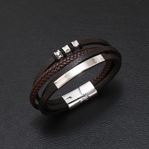 Multi-layer men's dark brown braided leather bracelet with silver magnetic metal clasp