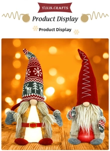 Detail of two glowing Christmas gnomes with warm LED lights and red knitted patterns